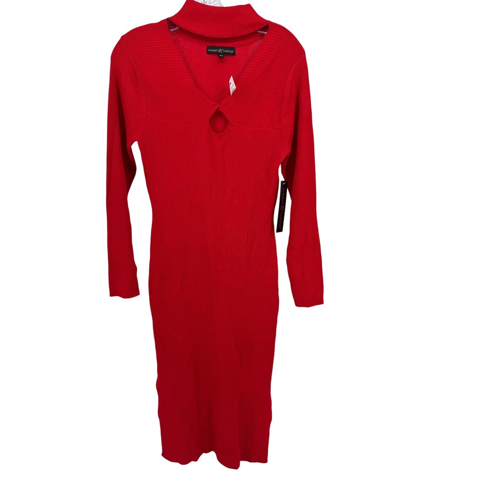 Almost Famous Dress 1X Red Ribbed Long Sleeve Cutout Midi Dress Plus Size New